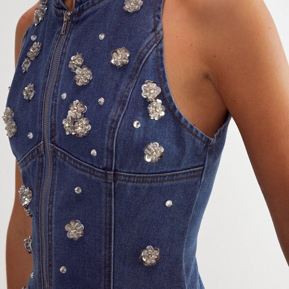 Nasty Gal  Embellished Flower Applique Jean Dress  -  NWT - Picture 2 of 3